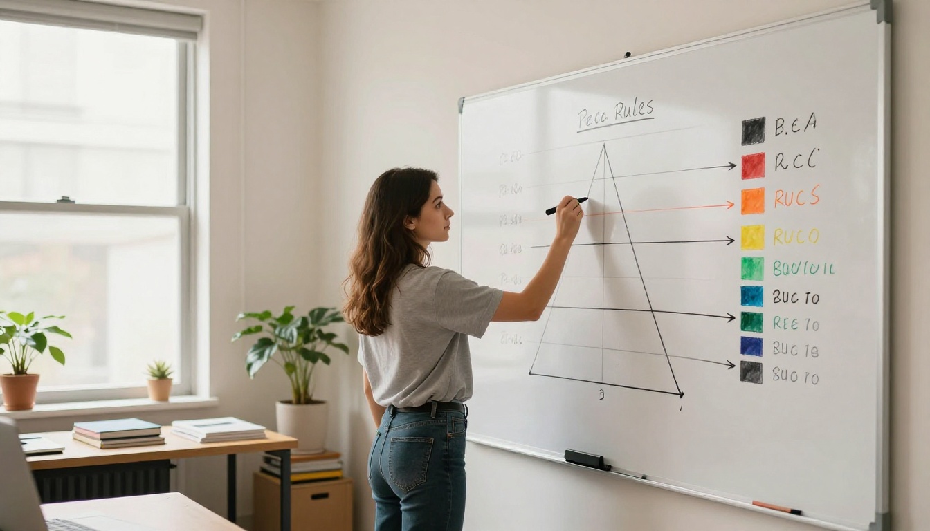 Woman standing at whiteboard drawing visual hierarchy diagram in design studio