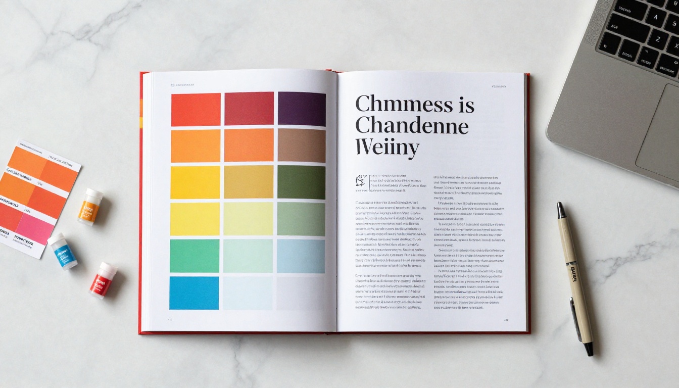 Open brand guidelines booklet on white marble surface showing color palettes and typography