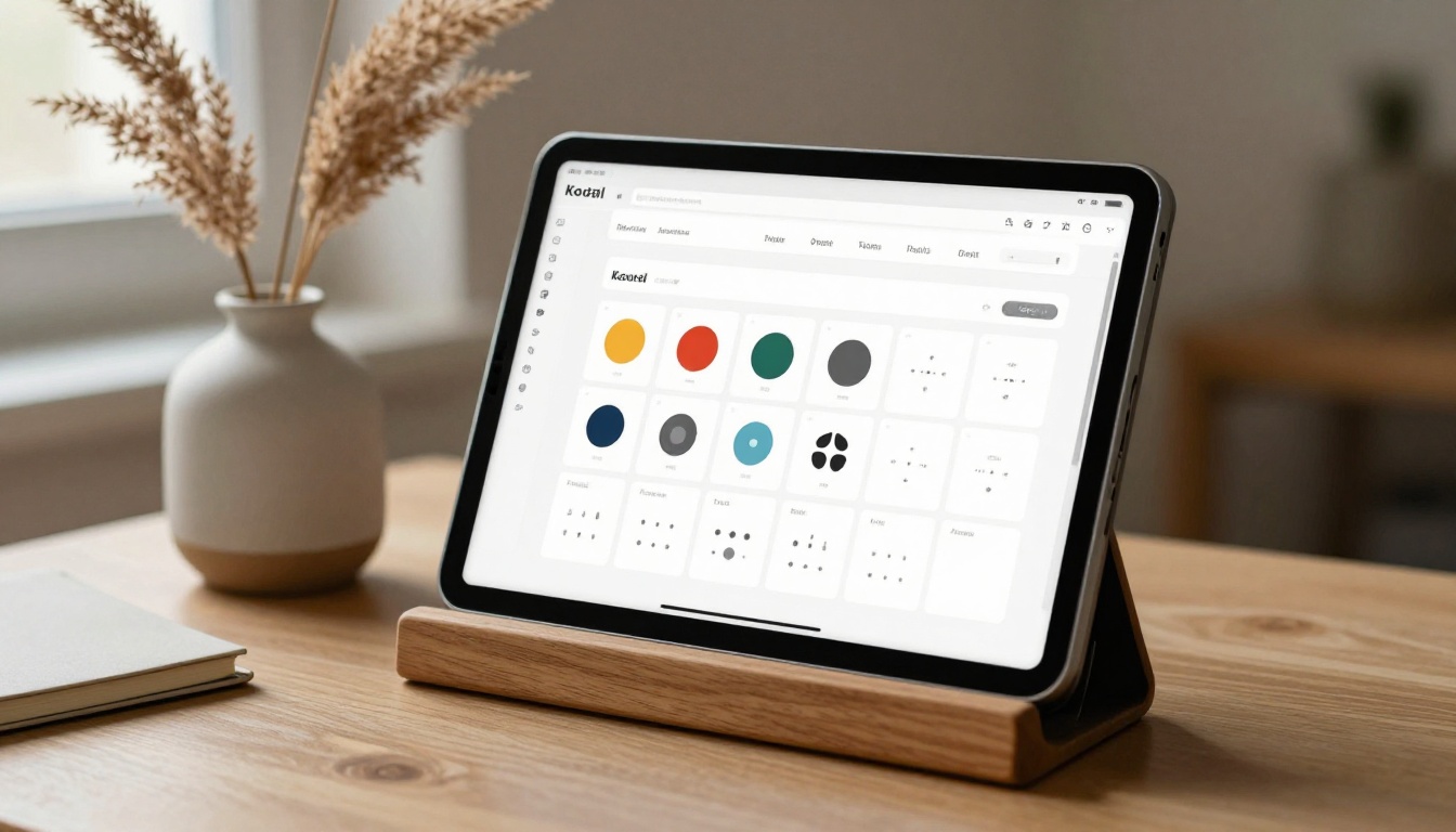 Tablet on wooden desk stand displaying digital design system with color and spacing tokens