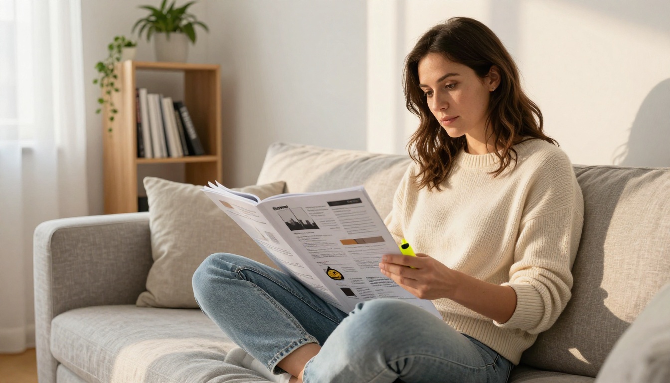 Woman sitting cross-legged on grey couch reading style sheet booklet with yellow highlighter