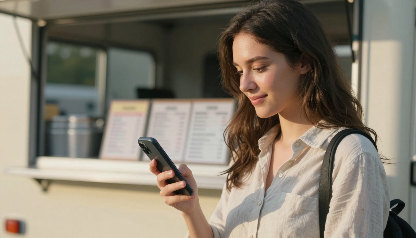 Customer browsing a digital flipbook menu on a smartphone at a food truck window