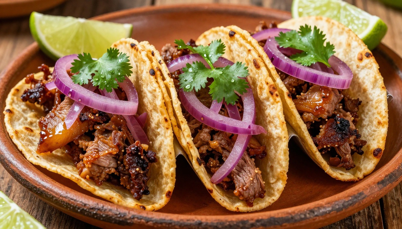 Extreme close-up of artisan street tacos with vibrant toppings, fresh cilantro, and lime on a clay plate
