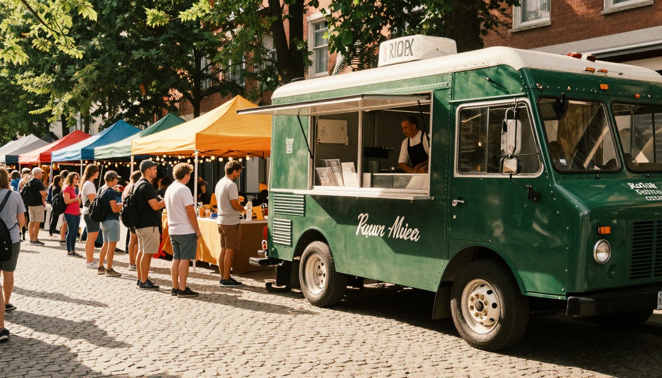 Brightly painted artisan food truck at a lively weekend outdoor market with a crowd of customers
