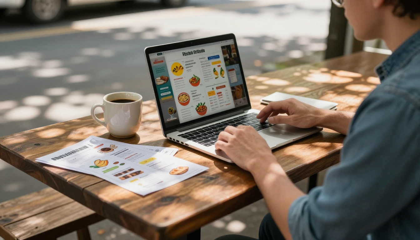 Food truck owner sitting outdoors at a wooden table designing a menu on a laptop