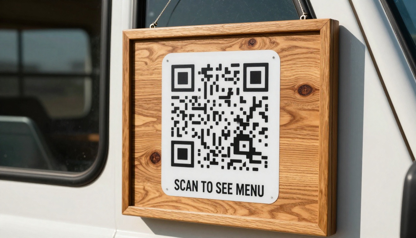 Handcrafted wooden QR code sign mounted at a food truck serving window