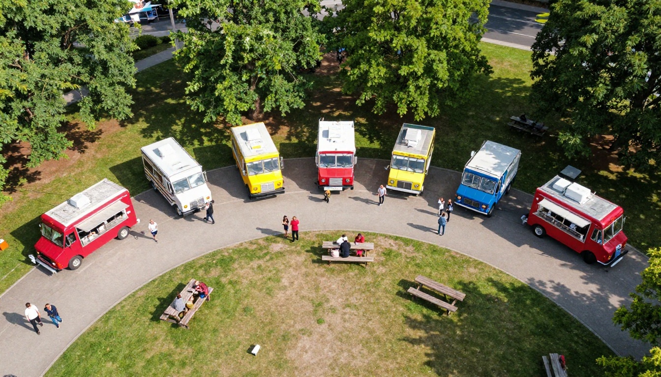 Aerial drone view of a colorful food truck festival in a city park with crowds of people between trucks Aerial drone view of a colorful food truck festival in a city park with crowds of people between trucks
