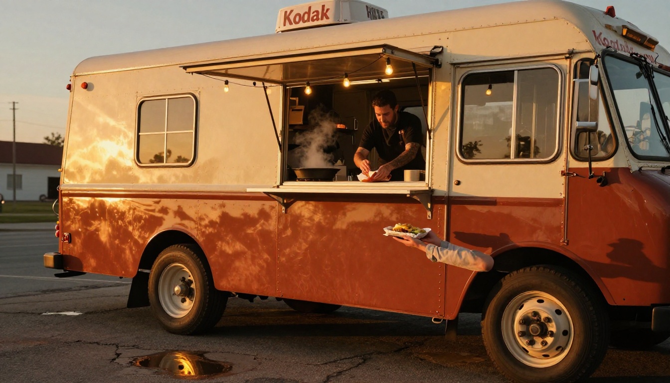 Low-angle golden hour photograph of a vintage food truck with warm Edison string lights and a chef handing food through the window Low-angle golden hour photograph of a vintage food truck with warm Edison string lights and a chef handing food through the window