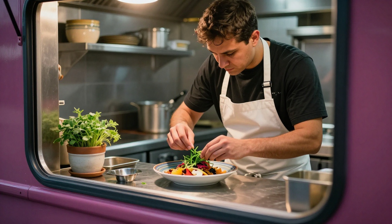 Chef inside a food truck kitchen carefully plating a vibrant street food dish through the service window Chef inside a food truck kitchen carefully plating a vibrant street food dish through the service window