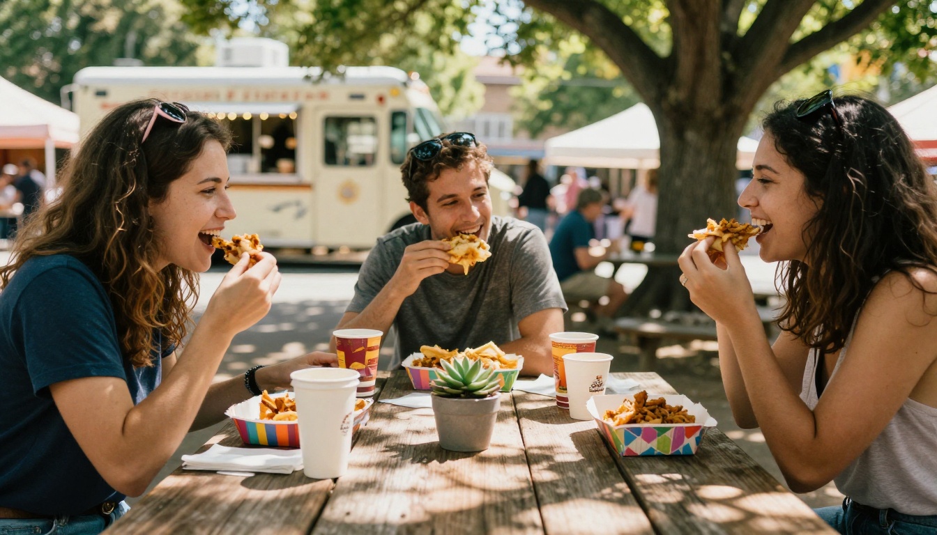 Three friends laughing and eating food truck food at an outdoor wooden picnic table in warm dappled sunlight Three friends laughing and eating food truck food at an outdoor wooden picnic table in warm dappled sunlight