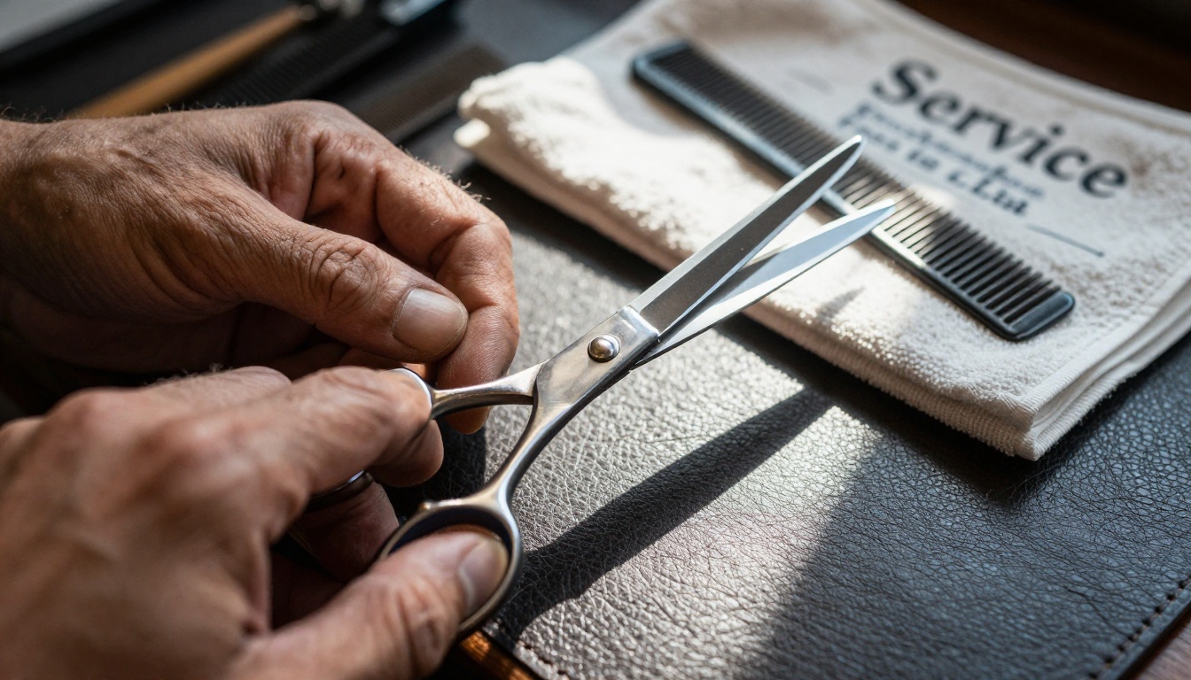 A barber's skilled hands holding professional scissors and a wide-tooth comb above dark leather, sunlight highlighting the mirror-polished blade edge, handwritten price card softly blurred in the background