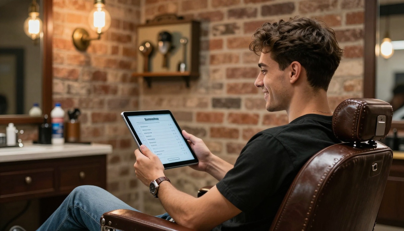 A young well-dressed man relaxed in a classic leather barber chair smiling, holding a modern tablet displaying a clean digital barbershop price menu, warm Edison bulb lighting overhead, exposed brick wall behind him