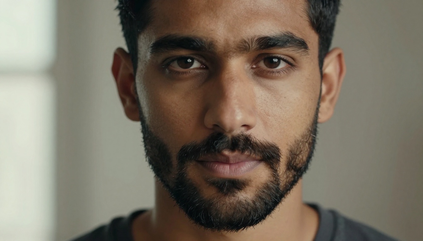 Close-up portrait of a man with a freshly sculpted beard fade and perfectly shaped mustache edges, soft window light from the left creating beautiful facial shadows, authentic skin texture and micro beard hair detail visible