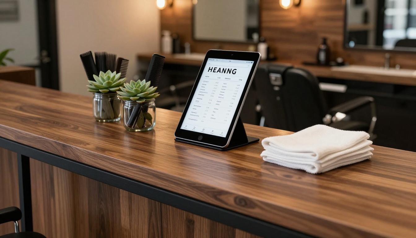 Modern barbershop reception counter made of dark walnut wood with black metal accents, a sleek iPad on a stand showing a styled digital price list, glass jar of combs, white folded towels, warm Edison bulb glow in the background