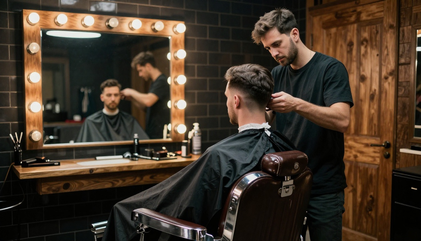 A barber with rolled sleeves carefully draping a crisp black barber cape over a client in a classic chrome-armed barber chair, reflected in a large vintage-bulb mirror, warm incandescent overhead light, rich fabric and leather texture throughout