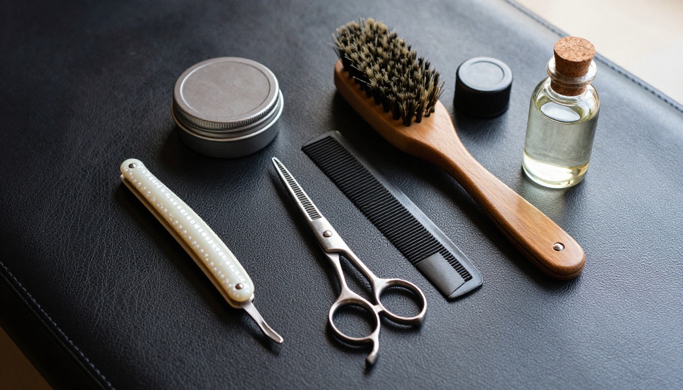 Aerial flat-lay of premium barbershop tools on dark leather: pearl-handled straight razor, stainless steel scissors, carbon-fiber combs, wooden boar-bristle brush, tin of matte pomade, and glass bottle of beard oil