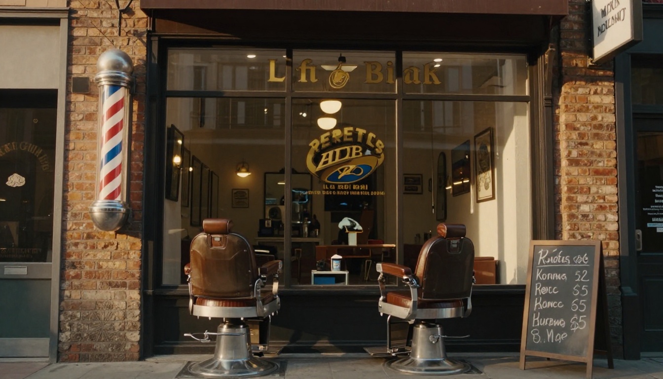 Low-angle exterior shot at street level of a charming independent barbershop with large glass windows, traditional red-white-and-blue barber pole, hand-painted gold lettering, chalkboard price sign on the sidewalk, golden-hour sun casting long shadows across the brick facade