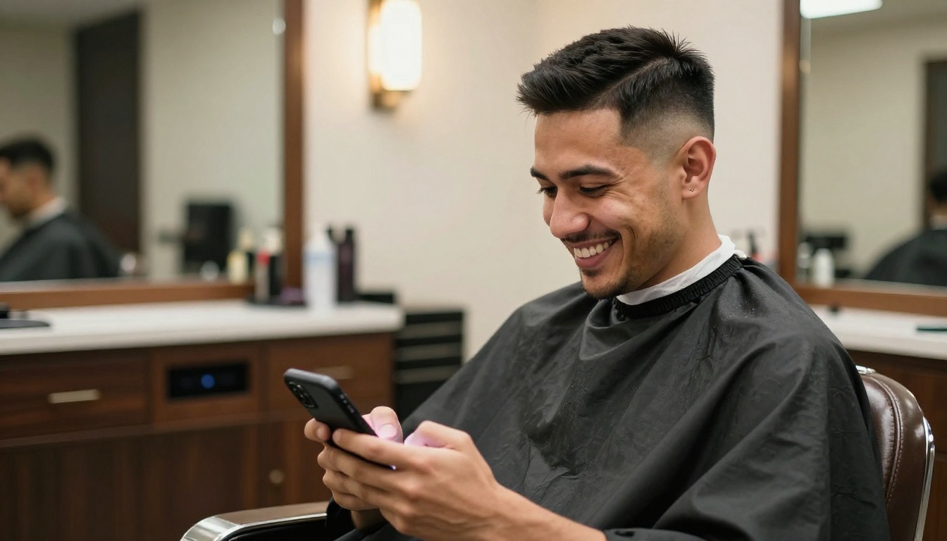 A satisfied male client in his early thirties with a fresh high-fade haircut smiling naturally while looking at his smartphone, seated in a leather barber chair still draped with the black cape, warm barbershop lighting with a large mirror reflecting the interior behind him