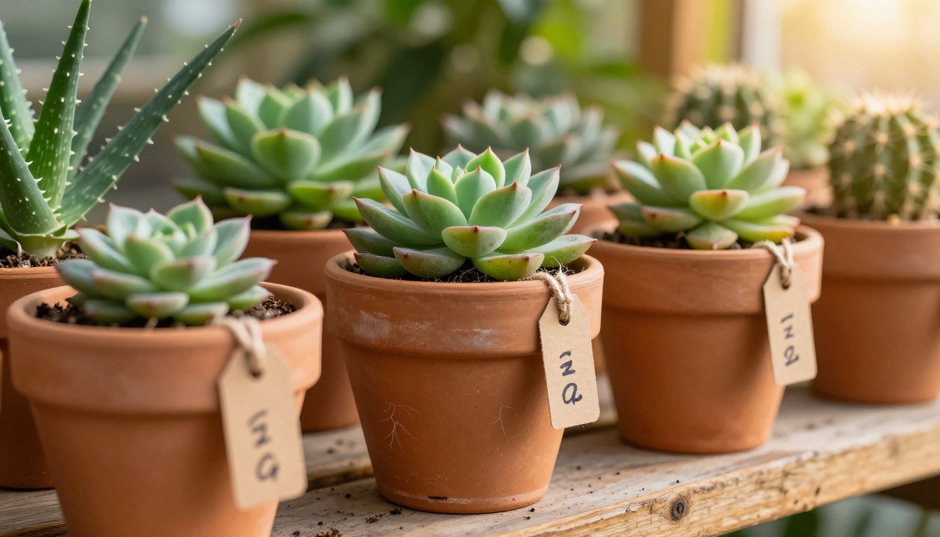 Close-up of terracotta pots with handwritten price tags on a greenhouse shelf with succulents and cacti