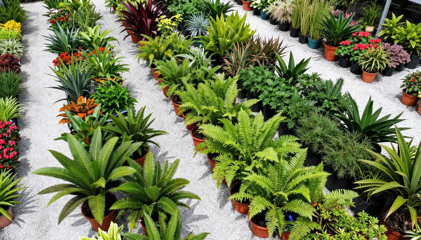Aerial view of organized plant nursery with rows of potted tropical plants and gravel pathways