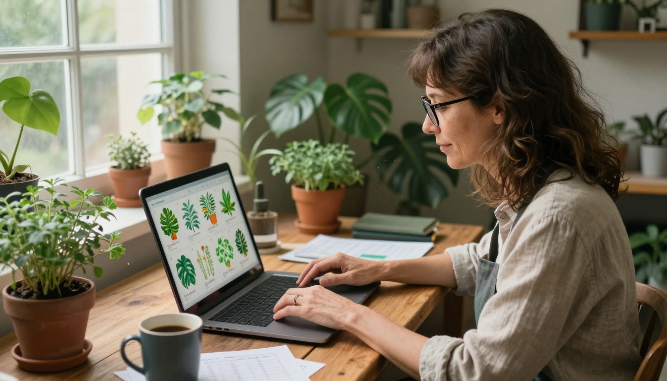Plant shop owner working on laptop in greenhouse office with digital flipbook catalog on screen