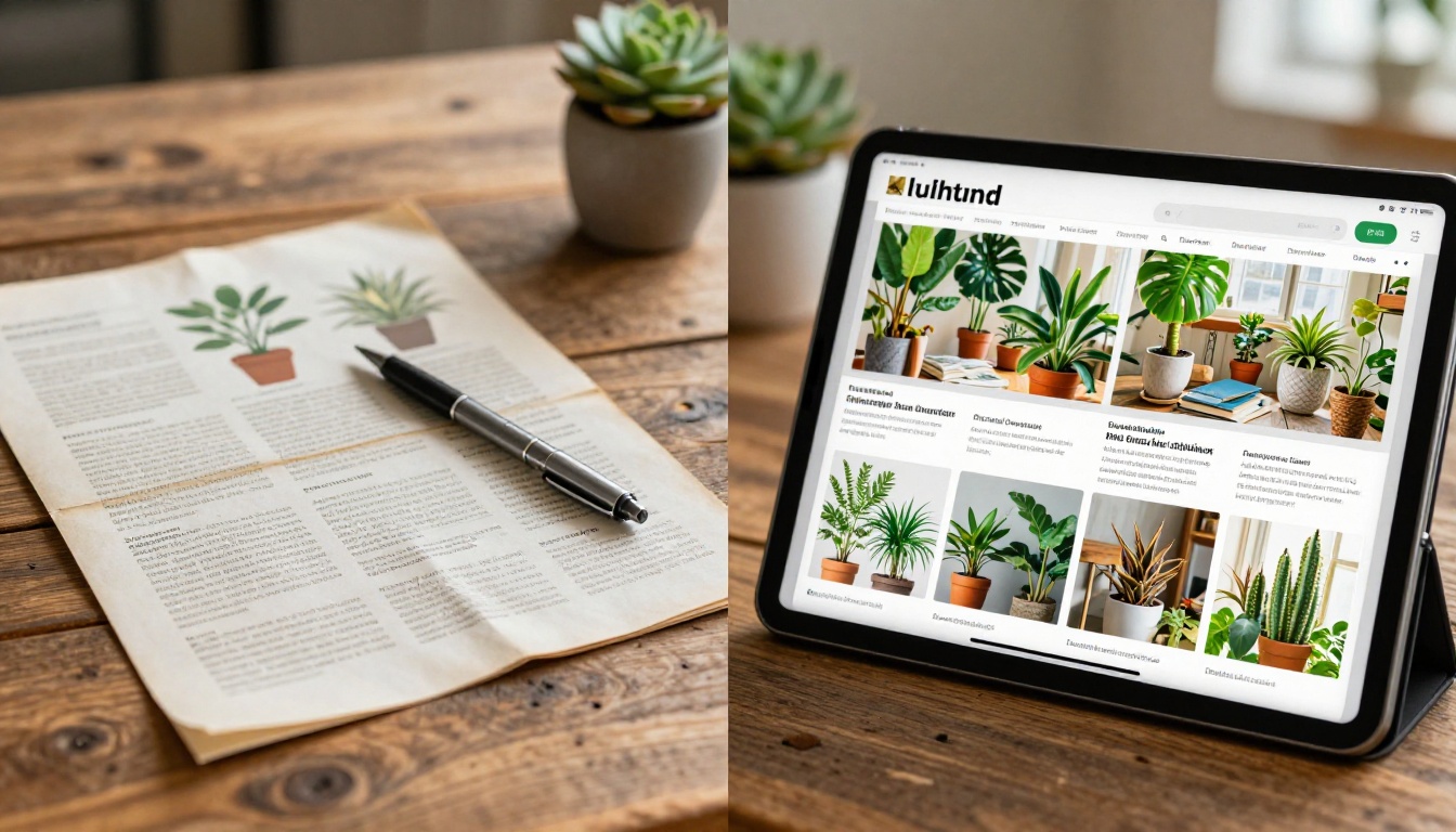 Printed paper plant catalog beside a modern tablet showing the same catalog as a digital flipbook