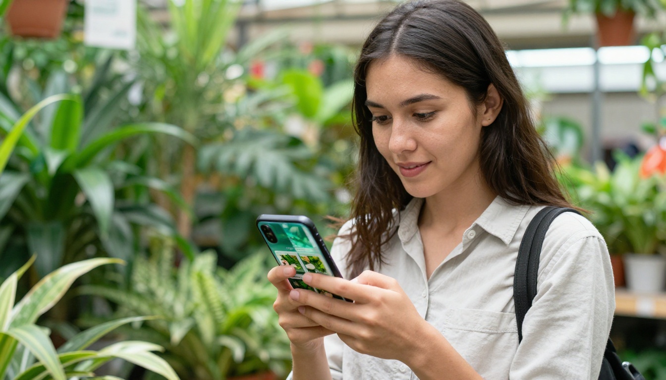 Young woman browsing a plant shop digital catalog on a smartphone in a garden center aisle