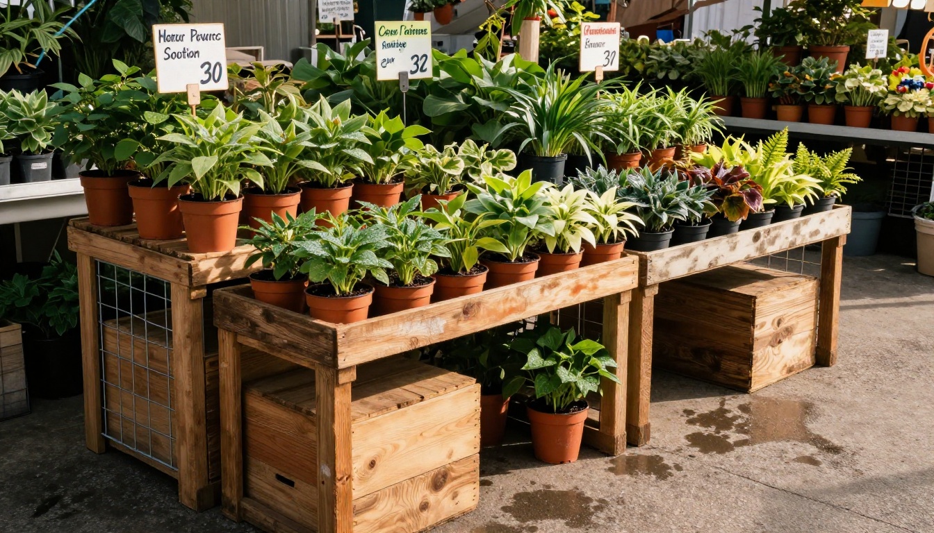 Outdoor plant market stand with colorful potted plants on wooden crates in early morning directional light