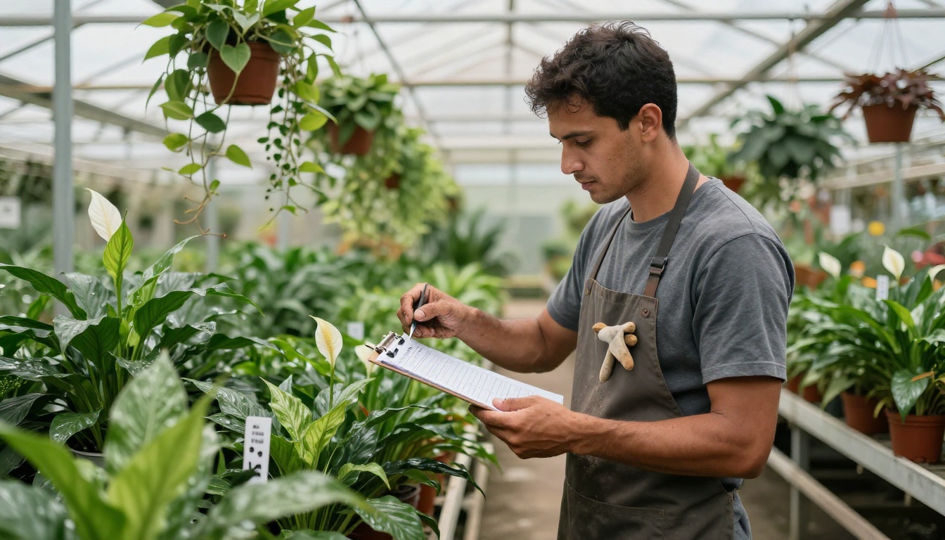 Plant nursery worker organizing tropical plants on greenhouse shelves while holding a clipboard