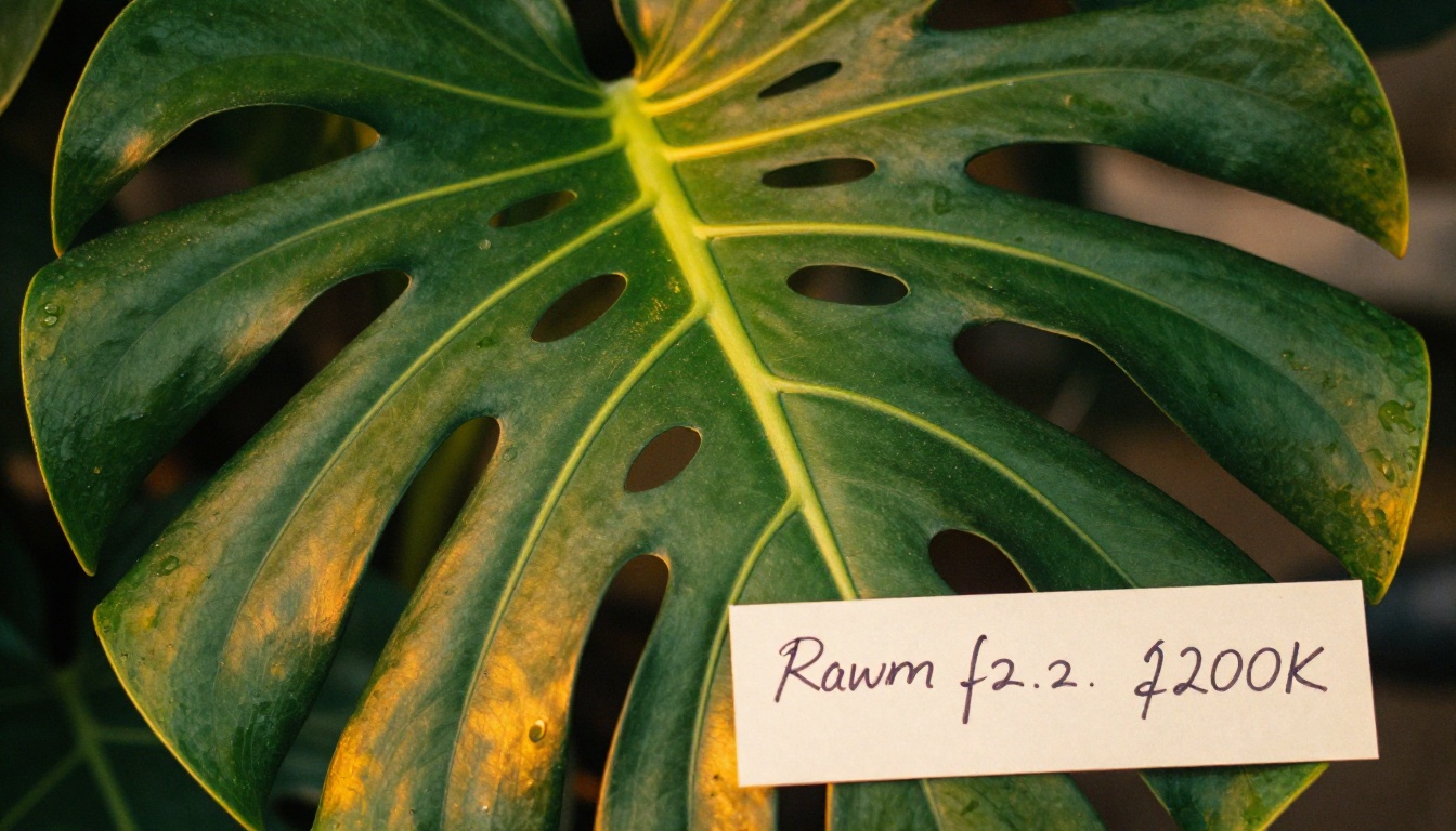 Extreme close-up of a monstera deliciosa leaf backlit by warm afternoon sunlight revealing glowing amber leaf veins