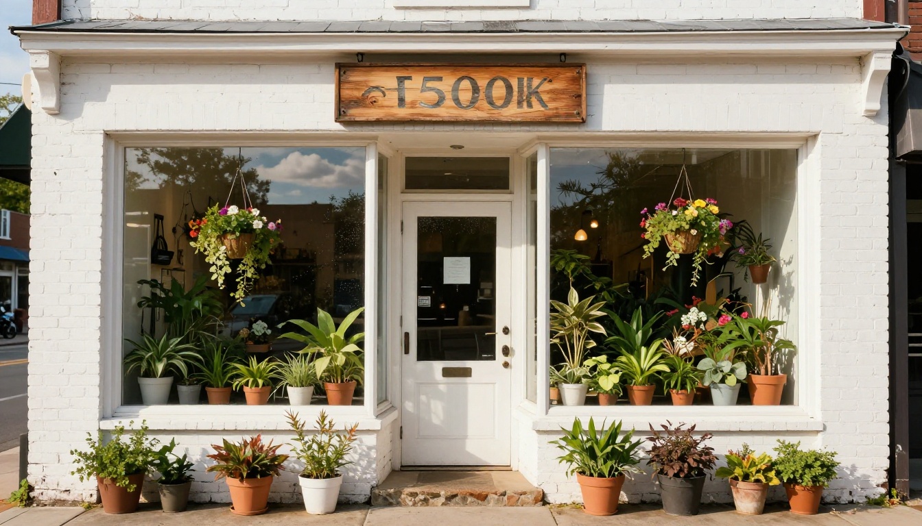 Charming small plant shop exterior with white brick facade, glass display windows full of potted plants, and hanging flower baskets