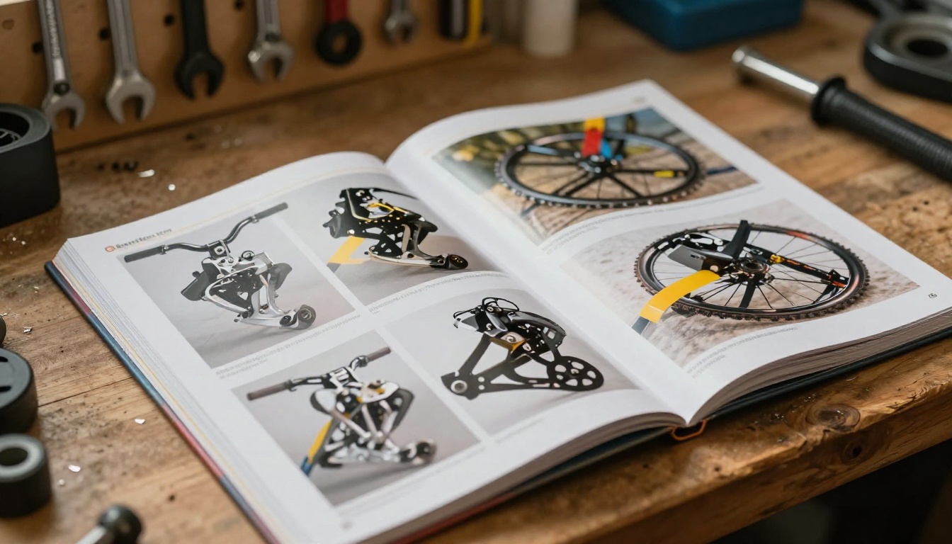 Printed bicycle parts catalog spread open on a workshop bench showing technical component photography
