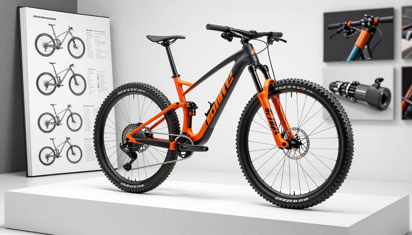 High-performance mountain bike with orange and black livery displayed in a modern showroom alongside a product catalog showing specifications