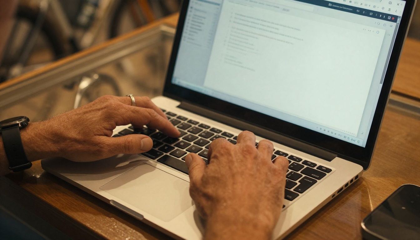 Bike shop owner's hands uploading a PDF catalog to a laptop to convert it into a digital flipbook