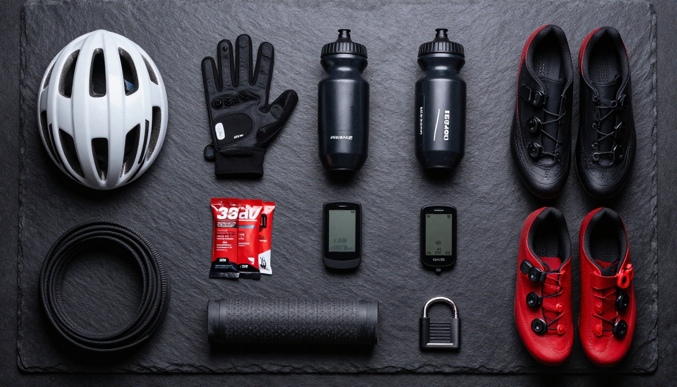 Cycling accessories including helmet, gloves, shoes, and GPS device arranged for professional catalog photography on dark slate