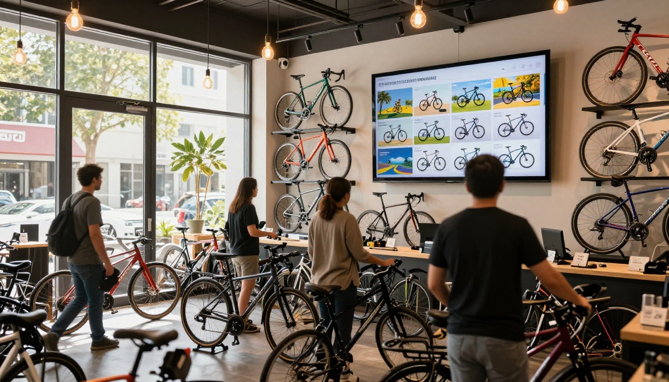 Busy bike shop interior with customers browsing and a large wall-mounted screen displaying an interactive digital flipbook catalog