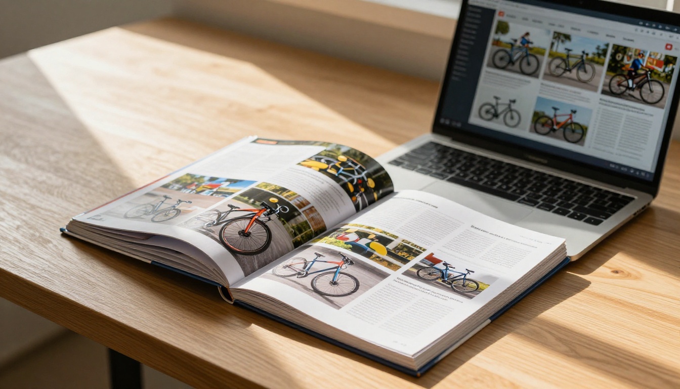 Stack of printed bike shop catalogs next to a laptop showing the same content as a polished digital flipbook