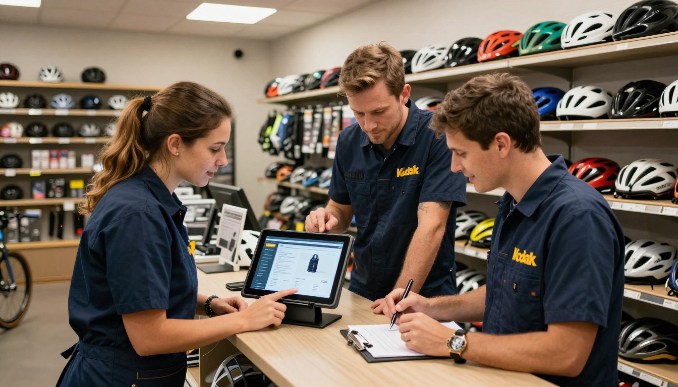 Two bike shop employees in matching aprons reviewing a digital flipbook catalog on a tablet together at the counter