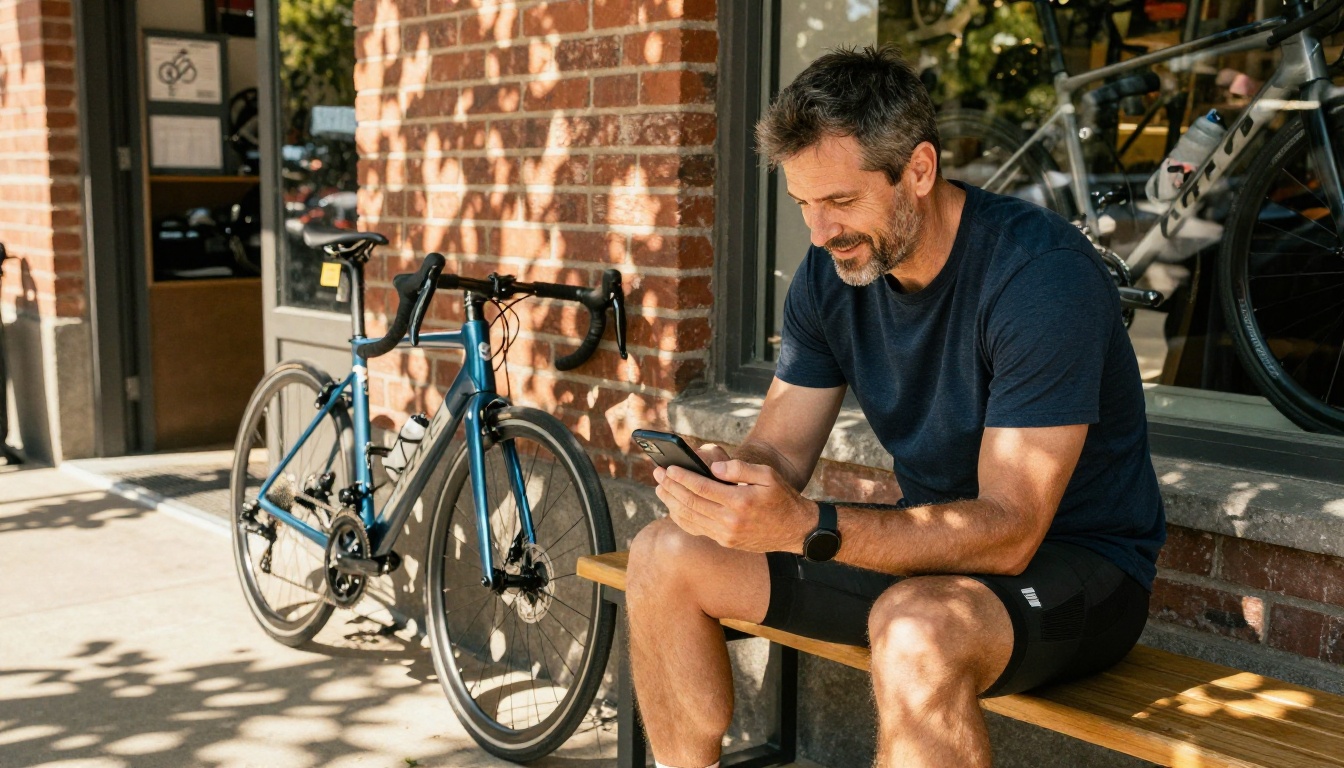Happy cyclist in his 40s scrolling through a bike shop digital catalog on his smartphone while sitting outside the shop on a sunny day