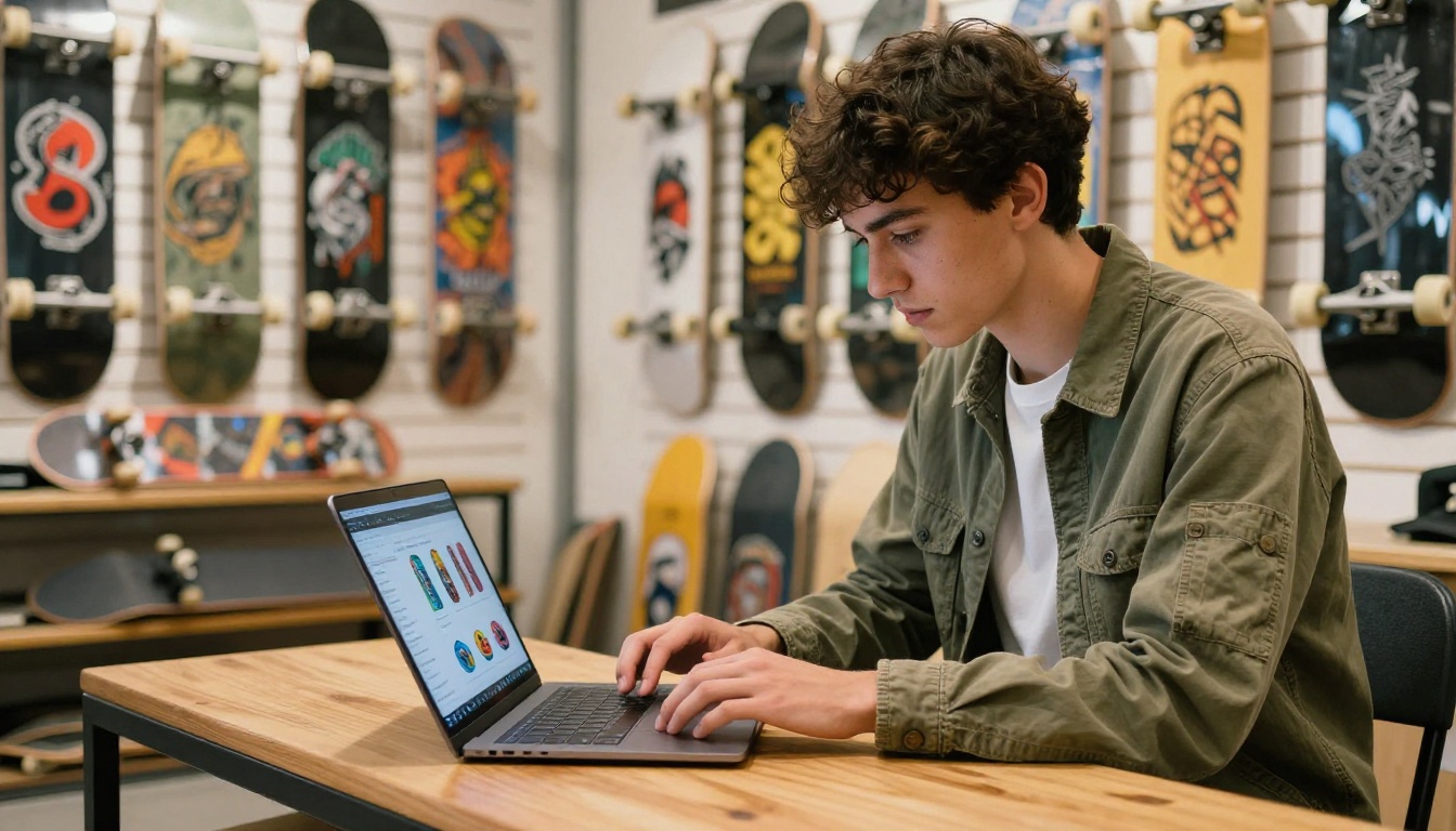 Skater browsing digital flipbook on laptop inside skate shop Skater browsing digital flipbook on laptop inside skate shop