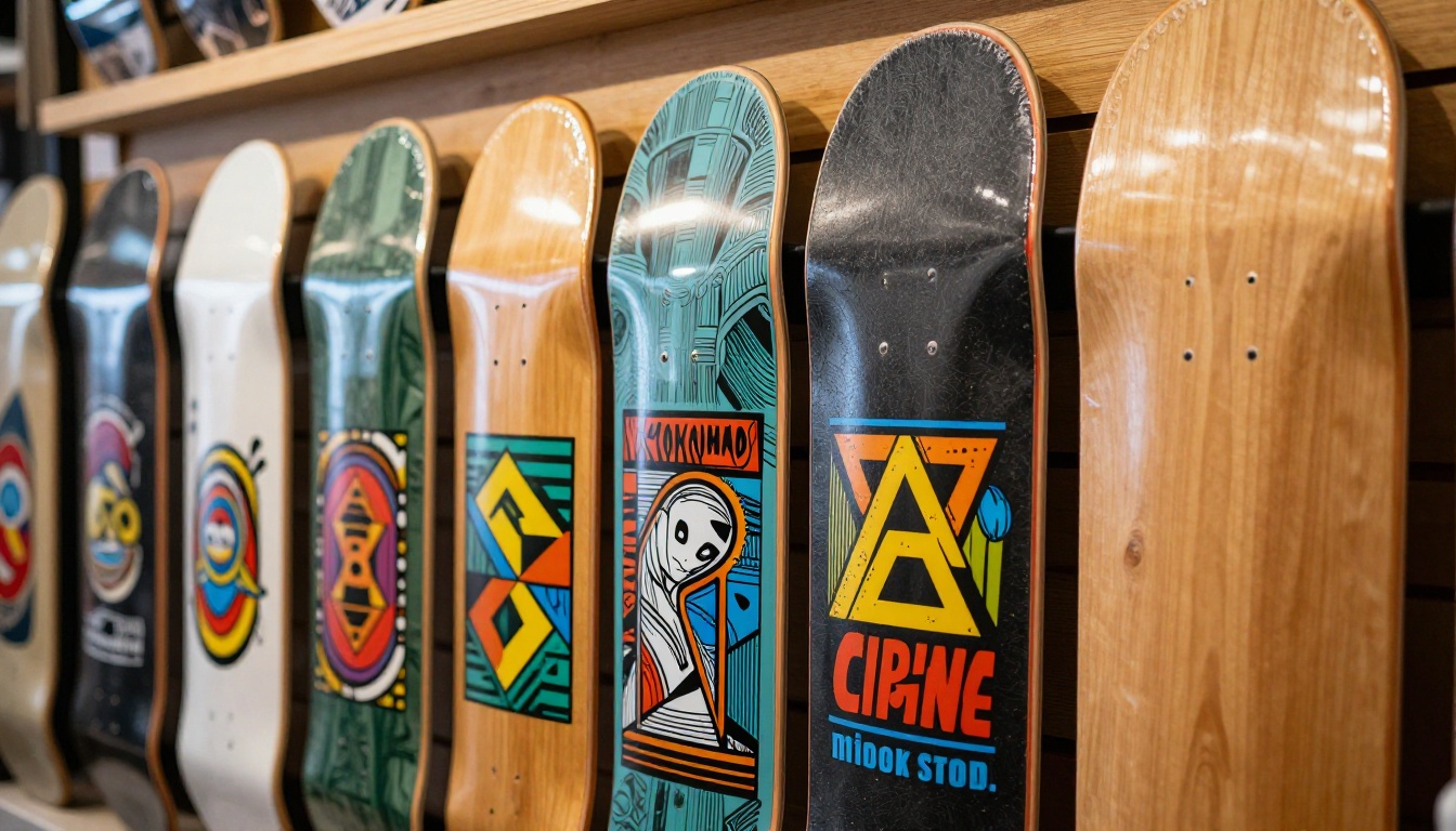 Close-up of colorful skateboard decks arranged on a wall rack in a skate shop Close-up of colorful skateboard decks arranged on a wall rack in a skate shop