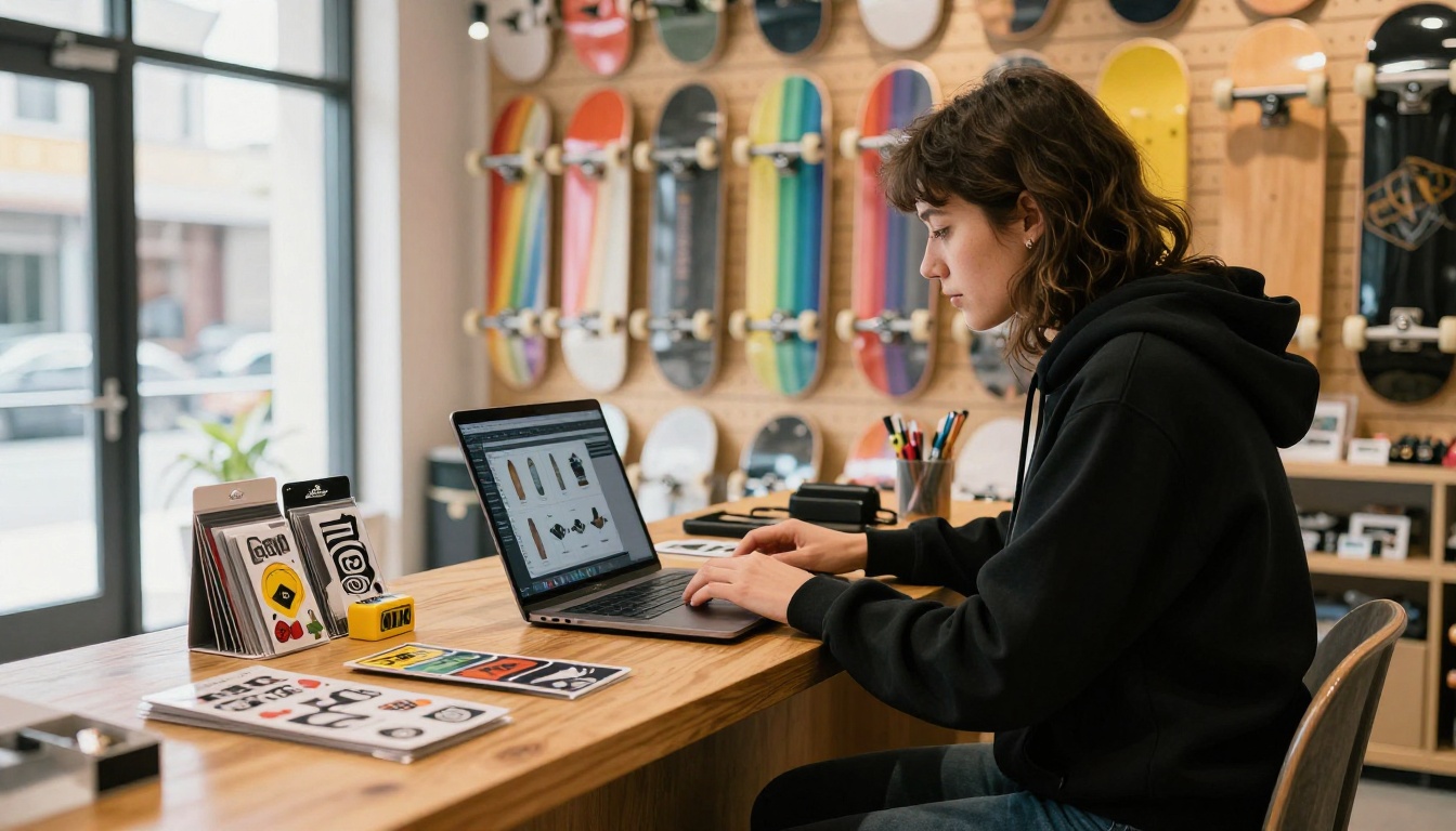 Skate shop owner creating a digital catalog on laptop behind the counter Skate shop owner creating a digital catalog on laptop behind the counter