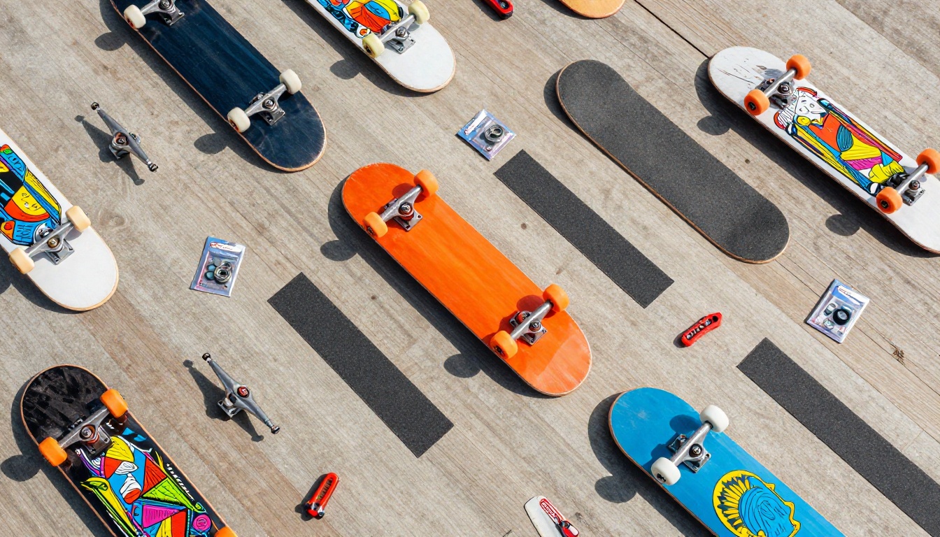 Aerial flat lay of skateboard products including decks, wheels, trucks, and accessories Aerial flat lay of skateboard products including decks, wheels, trucks, and accessories