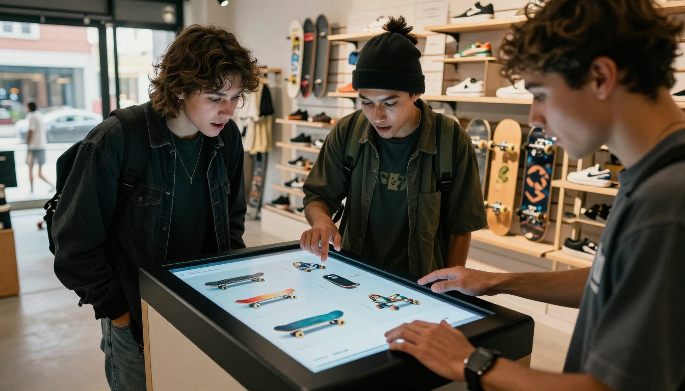 Group of young skaters browsing a digital catalog at a shop kiosk Group of young skaters browsing a digital catalog at a shop kiosk