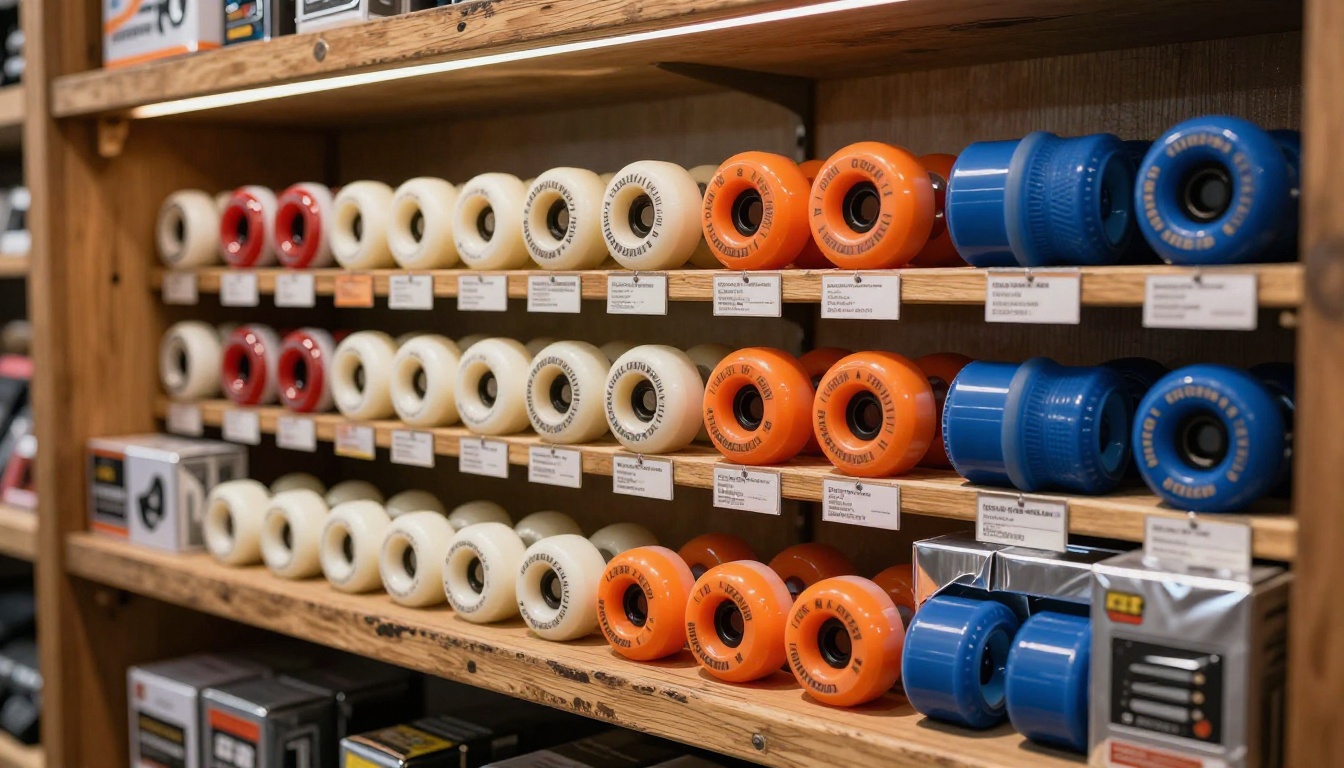 Skateboard wheel and hardware shelf display inside a skate shop