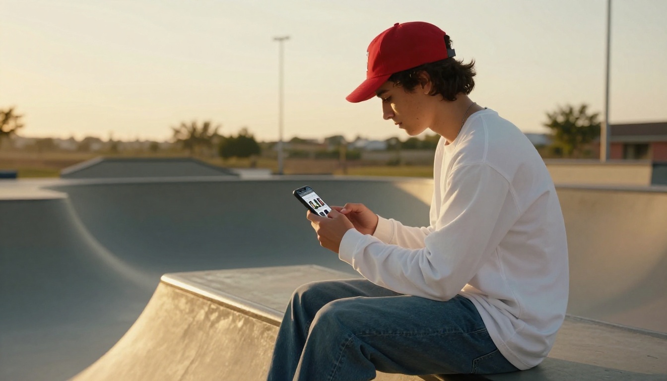 Young skater browsing a digital catalog on his smartphone at a skate park halfpipe