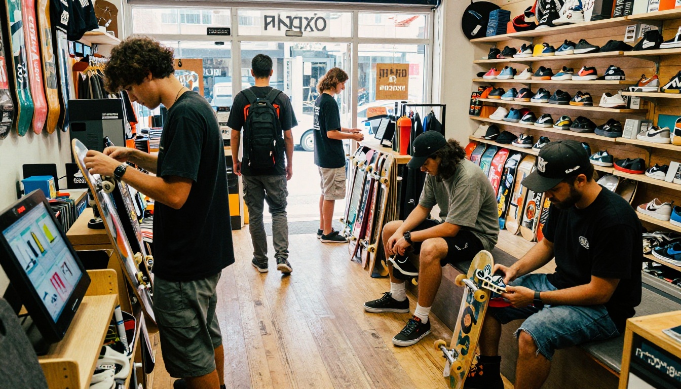 Busy independent skate shop interior with customers browsing products and a digital kiosk near the entrance