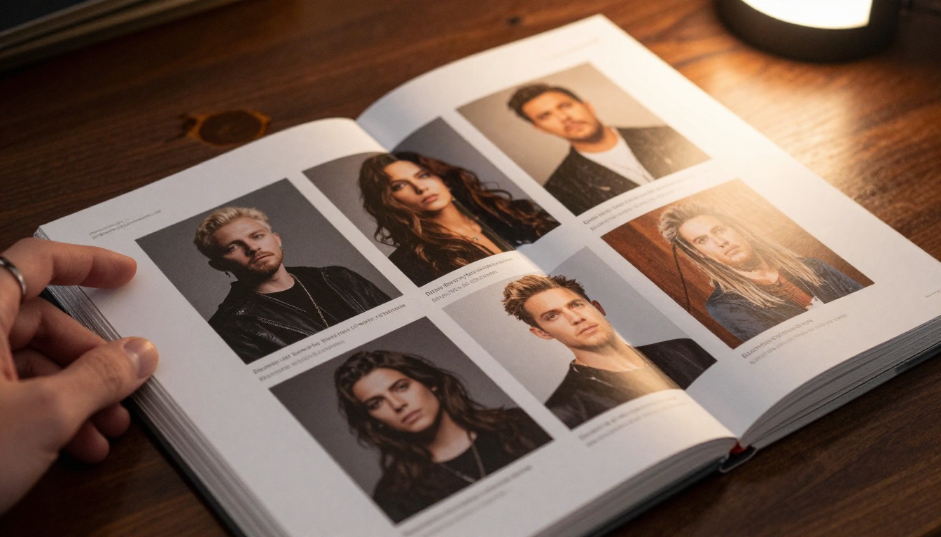 Artist headshots arranged on open publication pages