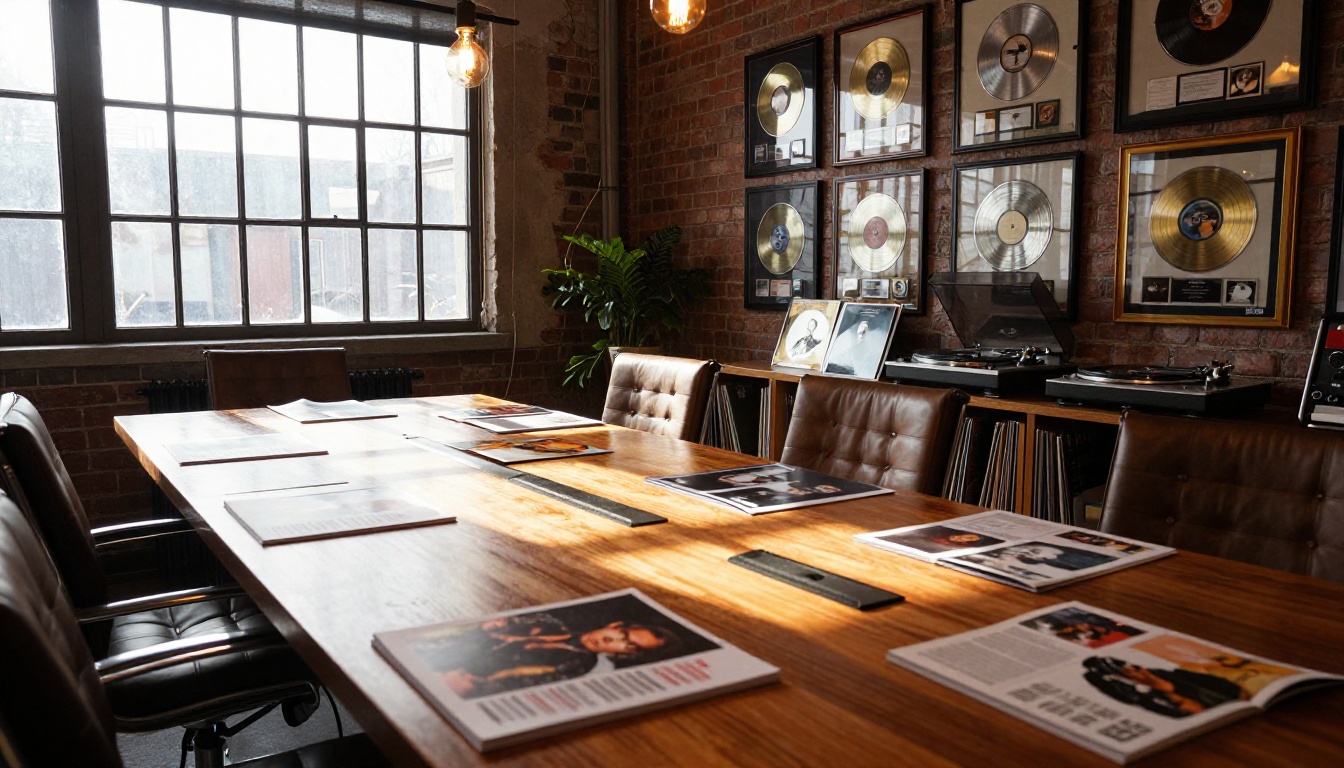 Record label office interior with framed gold records and artist portfolios spread across conference table