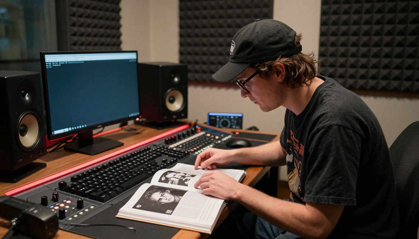 Music producer reviewing open artist press kit in recording studio control room