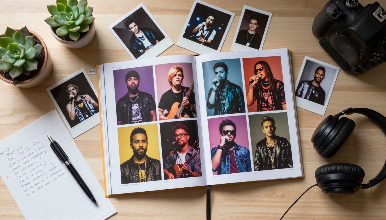 Overhead flat-lay of artist roster booklet surrounded by Polaroid photographs and headphones on a creative desk